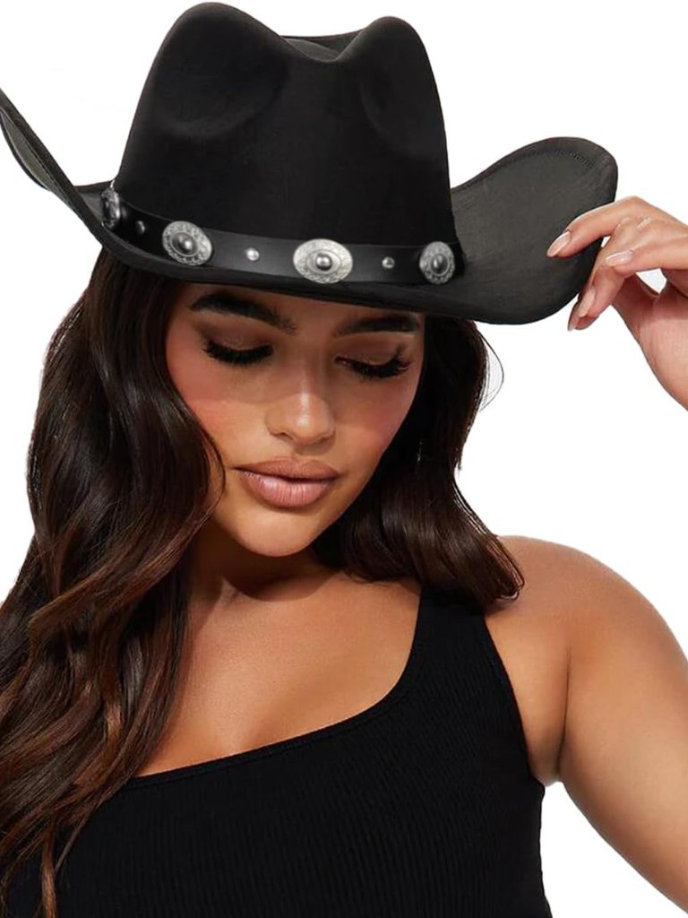 Womens Western Cowboy Hats Studded Pinched Cowgirl Hats Wide Brim Fedoras